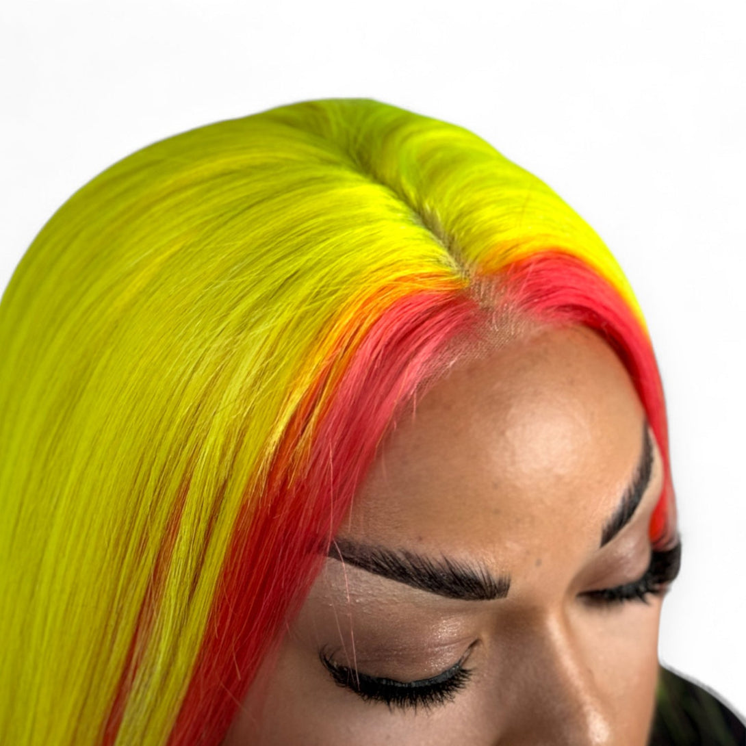 Miss Cosmic Burst | Cosmic Yellow & Pink 22” Human Hair Lace Front Wig