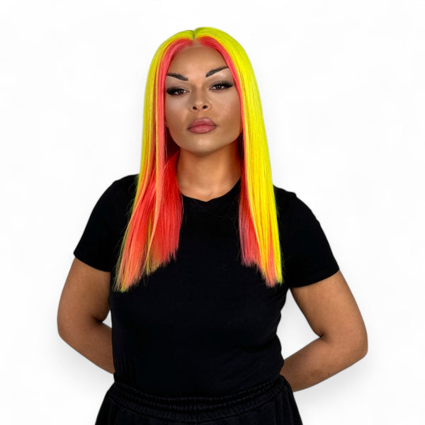 Miss Cosmic Burst | Cosmic Yellow & Pink 22” Human Hair Lace Front Wig