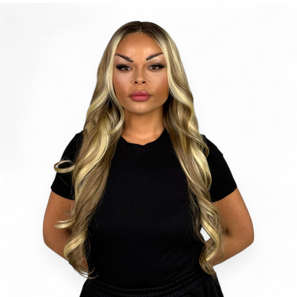 Miss Honey | Brown Rooted Mixed Blonde Balayage 26” Synthetic Lace Front Wig