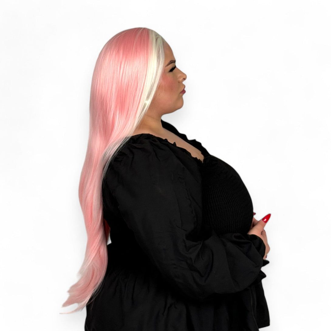 Miss Pink Ice | Pastel Pink & White 26" Synthetic Lace Front Wig