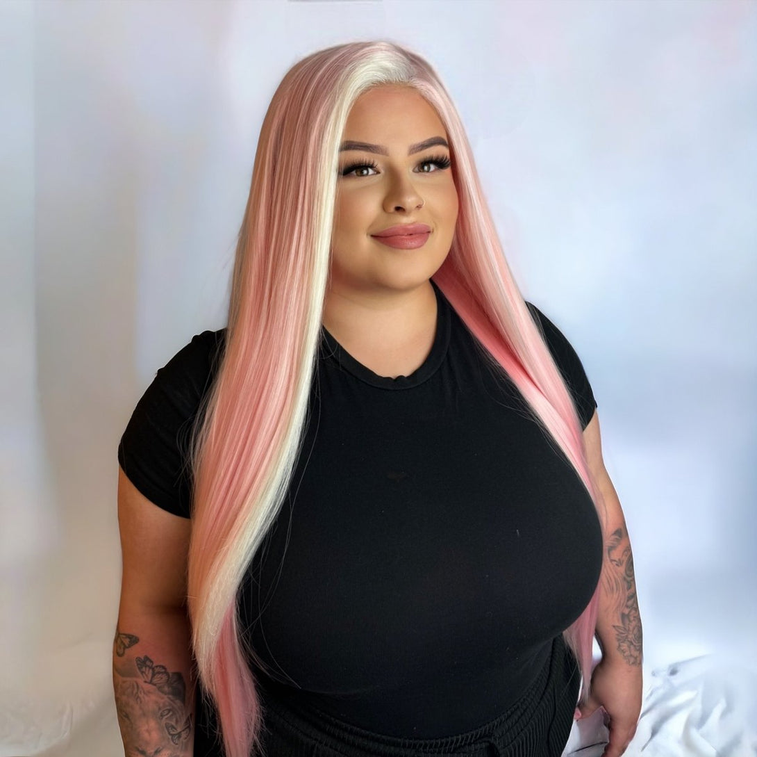 Miss Pink Ice - Pastel Pink White Money Piece Synthetic Lace Front Wig