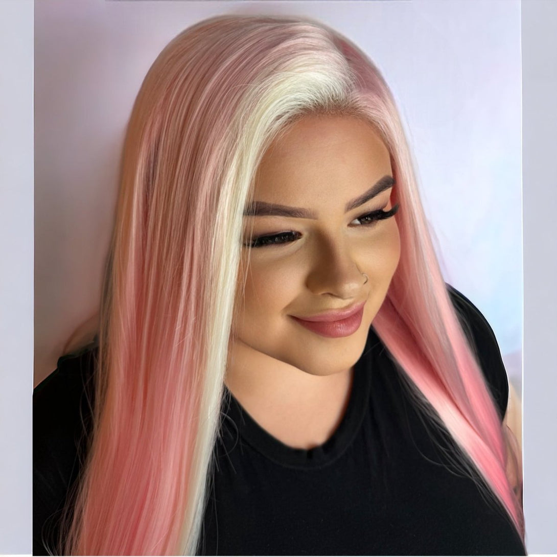 Miss Pink Ice - Pastel Pink White Money Piece Synthetic Lace Front Wig