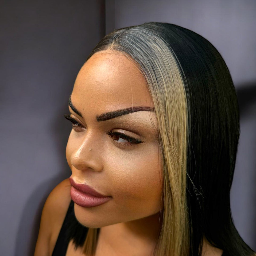 Posh Spice | Jet Black & Blonde Blunt Bob 14" Synthetic Lace Front Wig