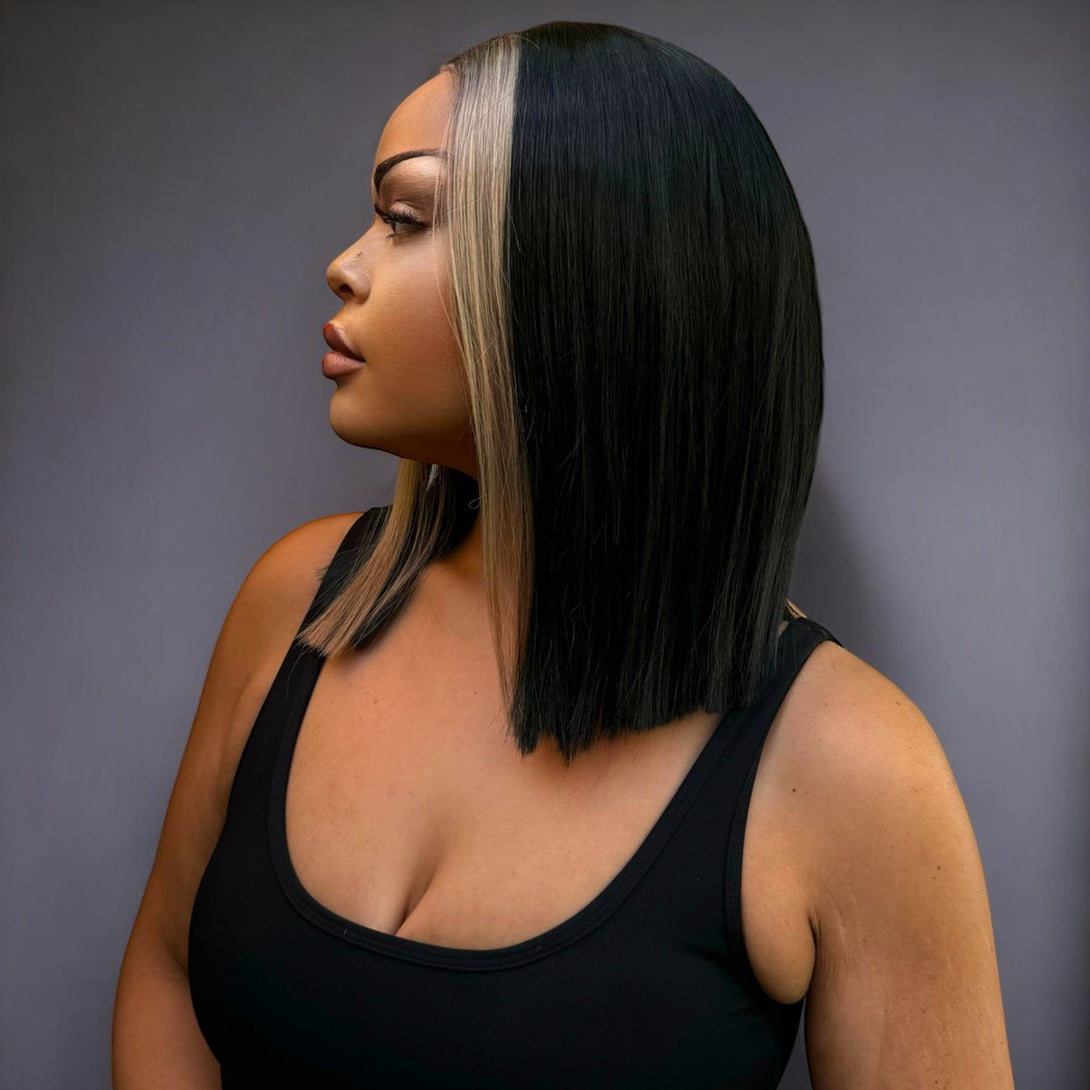 Posh Spice | Jet Black & Blonde Blunt Bob 14" Synthetic Lace Front Wig