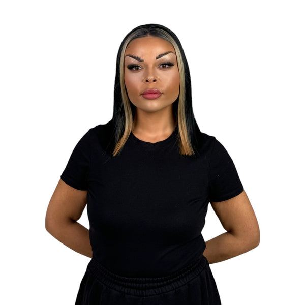 Posh Spice | Jet Black & Blonde Blunt Bob 14" Synthetic Lace Front Wig