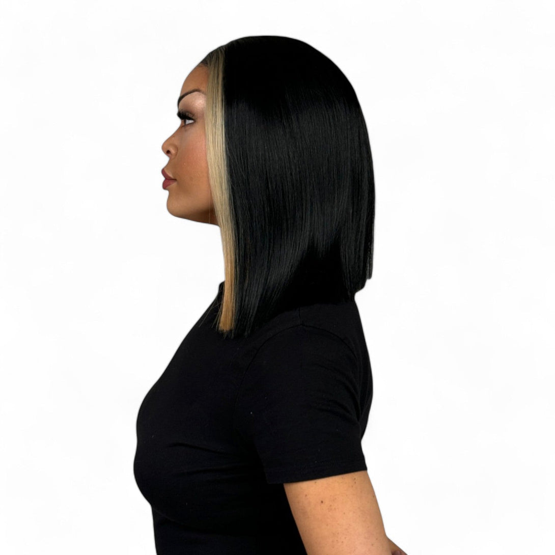 Posh Spice | Jet Black & Blonde Blunt Bob 14" Synthetic Lace Front Wig