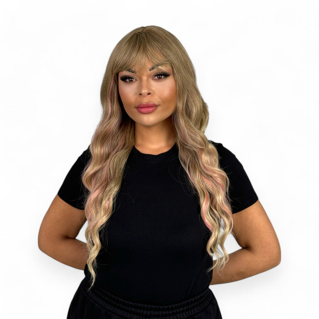 Sasha | Sun Kissed Blonde w/ Pink Highlights Fringe 24" Synthetic Wig