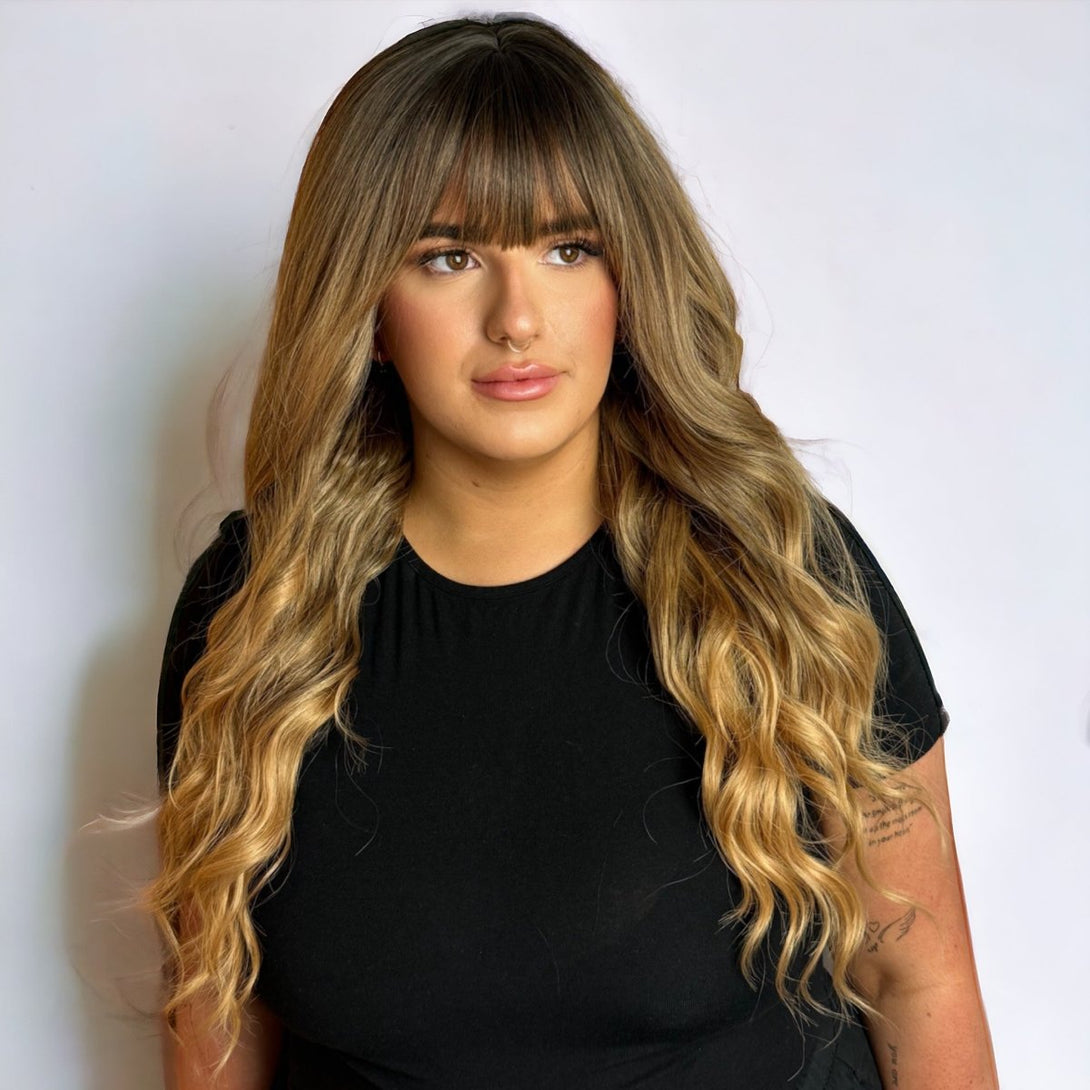 Sasha - Sunset Blonde Rooted Darkest Brown to Blonde Fringe Curly Synthetic Wig